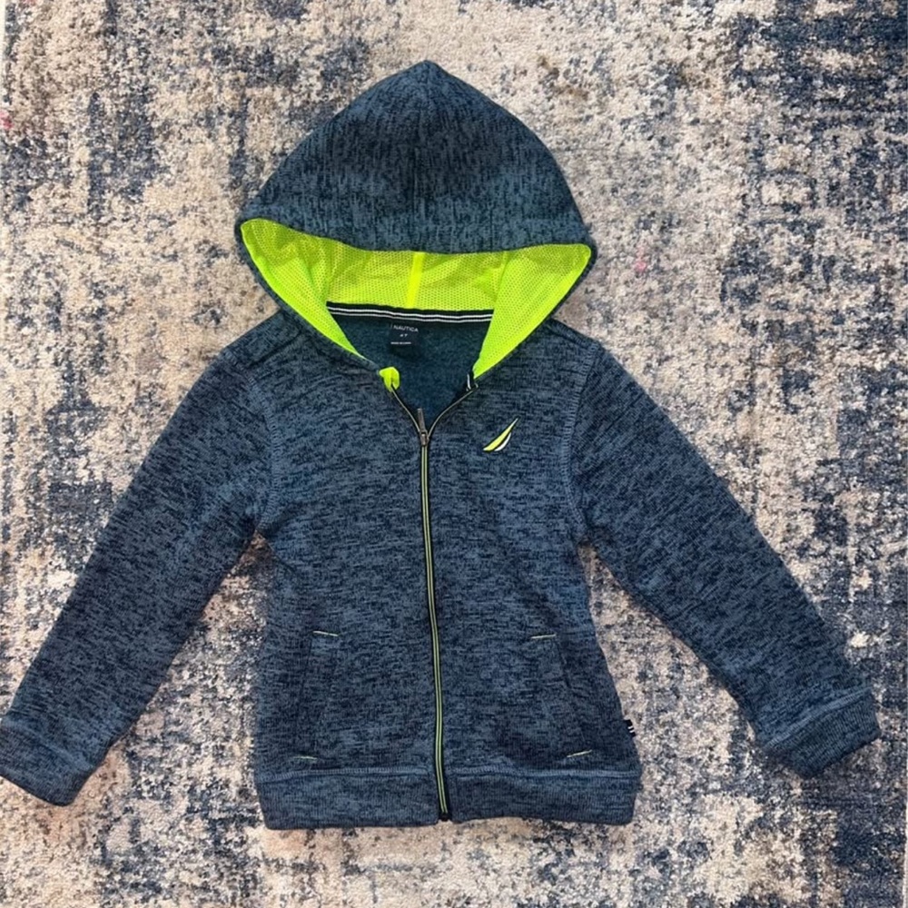 Boys Nautica Navy Blue and Neon Green Zip-Up Hoodie Size 4T